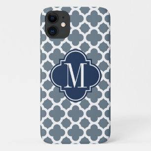 Coque Case-Mate Pour iPhone Monogramme de coutume de Quatrefoil de bleu marine