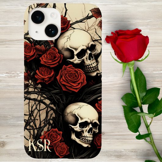 Coques Case-Mate iPhone Monogramme de crâne gothique et de roses rouges