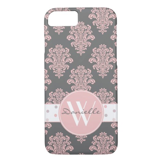 Coques Case-Mate iPhone Monogramme de Damas rose Fille (Dos)