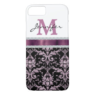 Coques Pour iPhone Monogramme de diamant Violet Pink Damask Faux