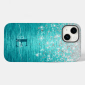 Coques Case-Mate iPhone Monogramme de fausse parties scintillant Turquoise (Verso (horizontal))