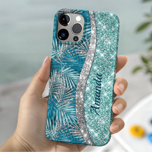 Coque Pour iPhone 14 Monogramme de feuilles pailletées sarcelle verte a