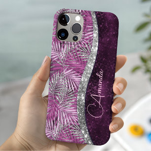 Case-Mate iPhone Case Monogramme de feuilles scintillantes rose violet a