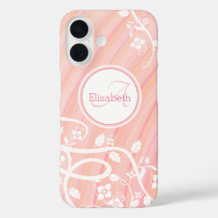 Coques iPhone 16 Monogramme de fille personnalisée Nom rose blanc f