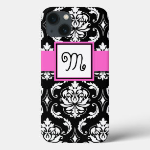 iPhone 13 COQUE MONOGRAMME DE FILLE, ROSE, MODÈLE DE DOMMAS NOIR