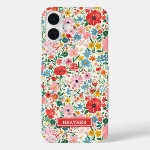 Coques iPhone 16 Plus Monogramme de fleurs à pois rouges et roses