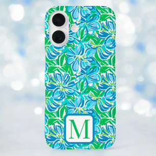 Coques iPhone 16 Monogramme de fleurs bleues preppy