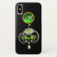MONOGRAMME DE FLEURS D'ÉNAMILE BLANC, DE PERLES ET