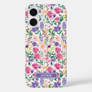 Coques iPhone 16 Monogramme de fleurs ditsy rose et violet