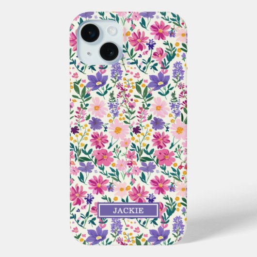 Coques Case-Mate iPhone Monogramme de fleurs ditsy rose et violet (Verso)