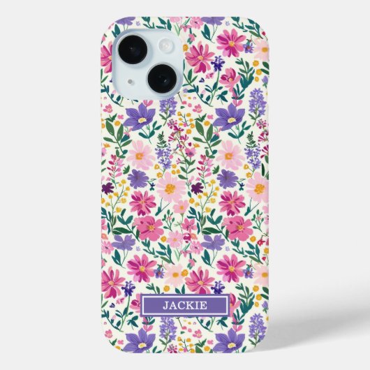 Coques Case-Mate iPhone Monogramme de fleurs ditsy roses et violettes (Verso)
