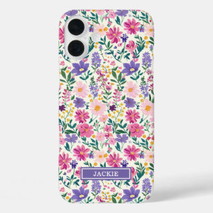 Coques iPhone 16 Plus Monogramme de fleurs ditsy roses et violettes