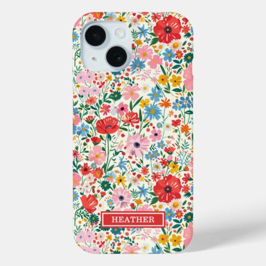 Coques Case-Mate iPhone Monogramme de fleurs ditsy rouges et roses (Verso)