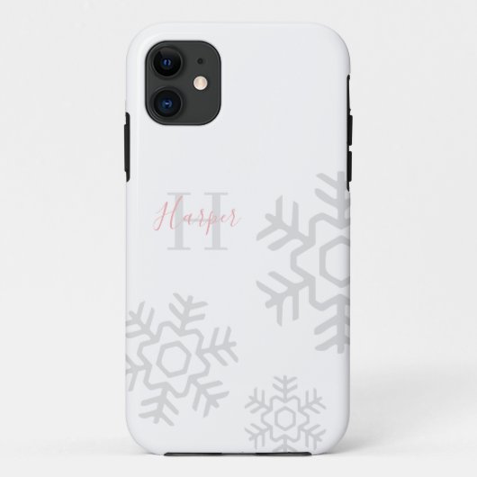 Coques Case-Mate iPhone Monogramme de flocon de neige rose sur blanc (Dos)