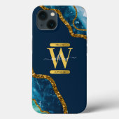 Coques Case-Mate iPhone Monogramme de géode d'âge bleu et or (Verso)