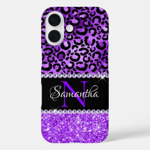 Coques iPhone 16 Monogramme de glam noir et violet