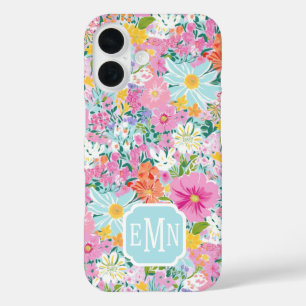 Coques iPhone 16 Monogramme de jardin rose coloré