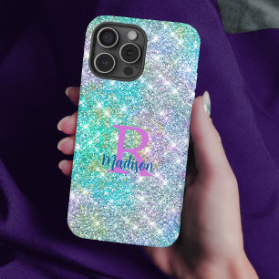 Coques iPhone 16 Pro Monogramme de la fausse parties scintillant bleue 