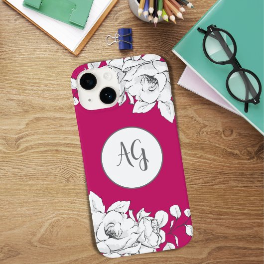 Coques Case-Mate iPhone Monogramme de magenta à la floraison blanche