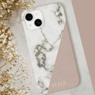 Coque Pour iPhone 15 Monogramme de marbre moderne en cuir rose pâle