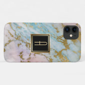 Coques Case-Mate iPhone Monogramme de marbre pâle de turquoise d'or (Dos (Horizontal))