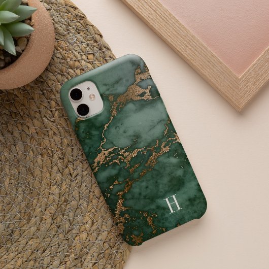 Coques Case-Mate iPhone Monogramme de marbre vert et cuivre de la forêt