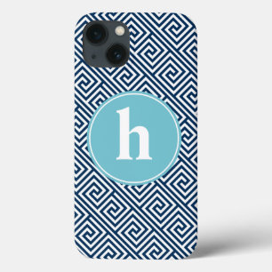 iPhone 13 Case Monogramme de Motif de clé grecque bleue