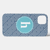 Coques Case-Mate iPhone Monogramme de Motif de clé grecque bleue (Verso (horizontal))