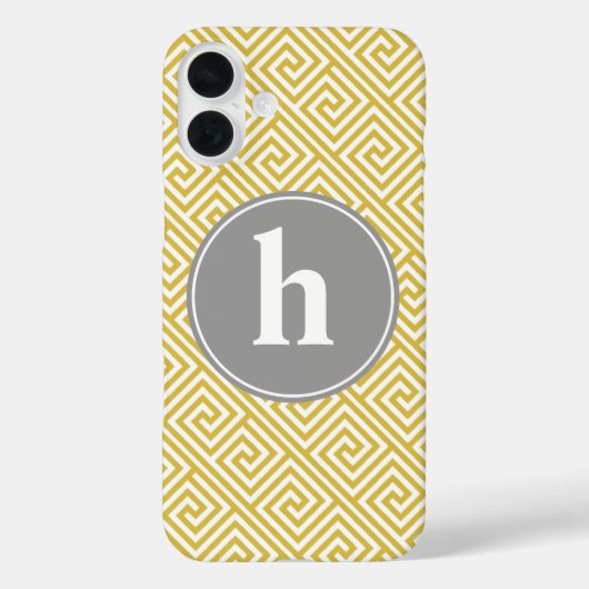 Coques Case-Mate iPhone Monogramme de Motif de clé grecque jaune et gris (Verso)