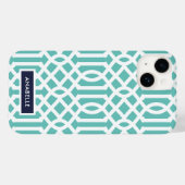 Coques Case-Mate iPhone Monogramme de Navy et Aqua Trellis (Verso (horizontal))