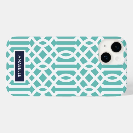 Coques Case-Mate iPhone Monogramme de Navy et Aqua Trellis (Verso (horizontal))