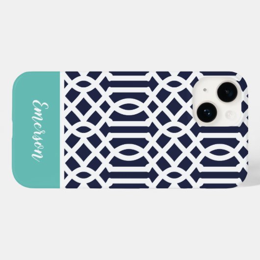 Coques Case-Mate iPhone Monogramme de Navy et Aqua Trellis (Verso (horizontal))