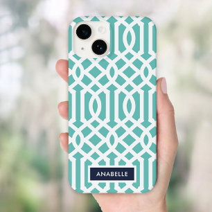 Coque Pour iPhone 14 Monogramme de Navy et Aqua Trellis