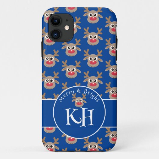 Coques Case-Mate iPhone Monogramme de Noël Motif de rennes bleu mou (Dos)