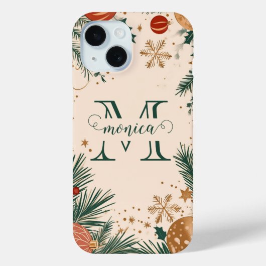 Coques Case-Mate iPhone Monogramme de Noël vert personnalisé (Verso)