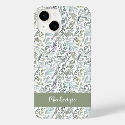 Coques Case-Mate iPhone Monogramme de nom aquarelle botanique bleu vert (Verso)