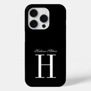 Coque iPhone 15 Pro Monogramme de nom de script élégant noir et blanc