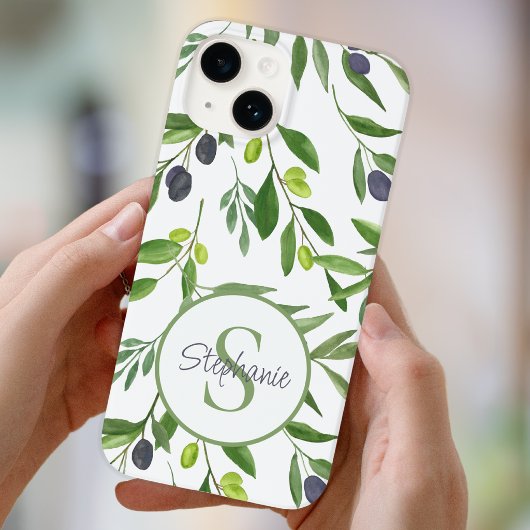 Coques Case-Mate iPhone Monogramme de nom motif olive aquarelle verte