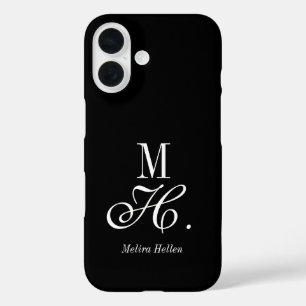 Coques iPhone 16 Monogramme de nom noir et blanc moderne