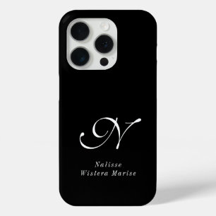 Coque iPhone 15 Pro Monogramme de nom noir et blanc moderne