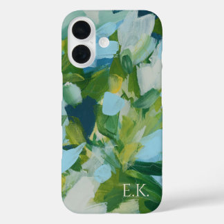 Coques iPhone 16 Monogramme de nom personnalisé Art Abstrait Vert