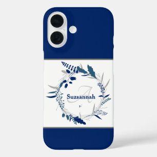 Coques iPhone 16 Monogramme de nom personnalisé Couronne florale bl