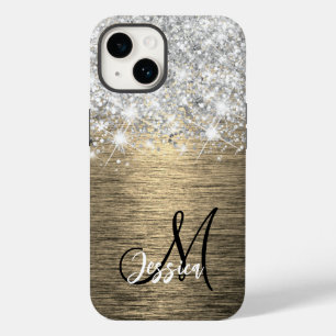 Coque Pour iPhone 14 Monogramme de Parties scintillant d'argent en méta