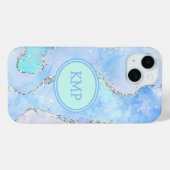 Coques Case-Mate iPhone Monogramme de Parties scintillant en marbre bleu v (Verso (horizontal))