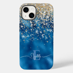 Coque Pour iPhone 14 Monogramme de Parties scintillant Royal Blue Foil 