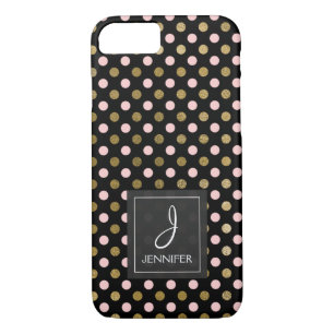 Coques Pour iPhone Monogramme de point de polka à huile rose, noire e