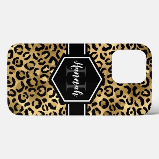 Coques Case-Mate iPhone Monogramme de points de léopard noir or (Verso (horizontal))