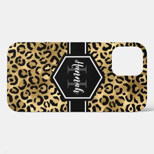 Coques Case-Mate iPhone Monogramme de points de léopard noir or (Verso (horizontal))