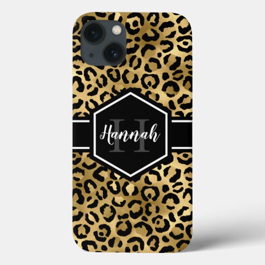 Coques Case-Mate iPhone Monogramme de points de léopard noir or (Verso)