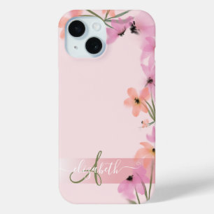 Coque Pour iPhone 15 Monogramme de prairie Fleur sauvage rose Boho